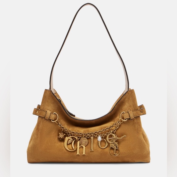 CHLOÉ Charms Camel Brown Suede Leather Gold Khaki Hobo Shoulder Bag Handbag - Picture 13 of 13